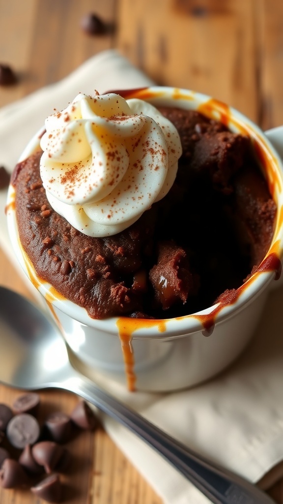 A chocolate mug cake topped with whipped cream and cocoa powder on a wooden table.